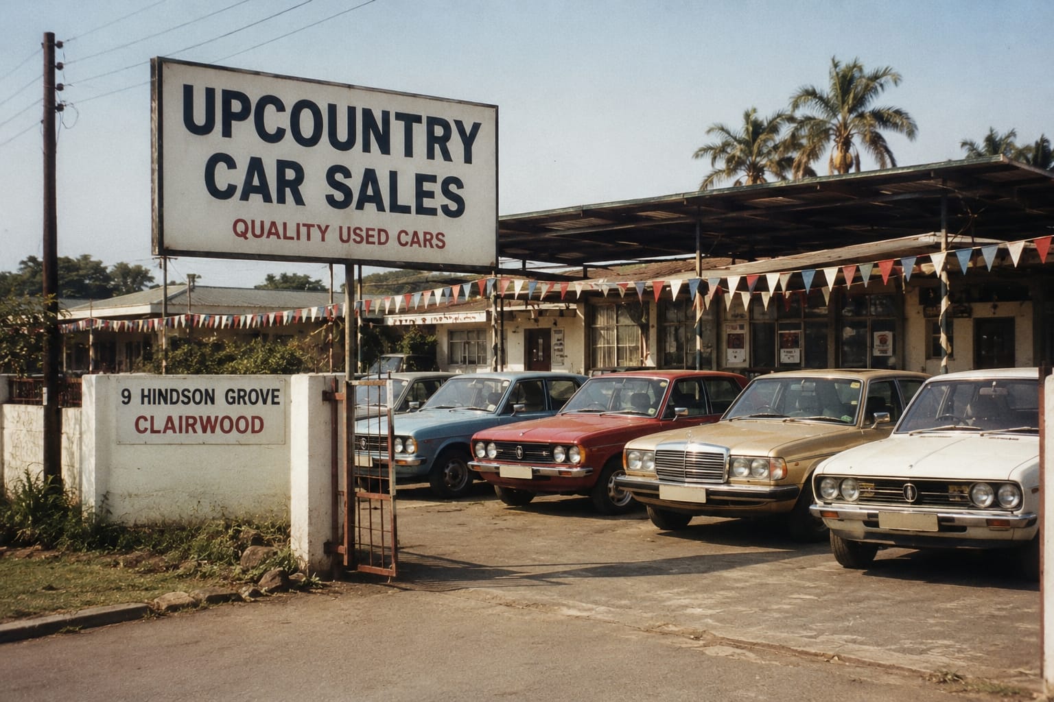 The original family car lot in Clairwood, Durban, with rows of 1980s sedans under bunting
