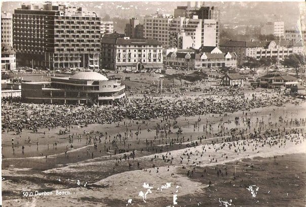 Archive aerial photograph of a crowded Durban beachfront