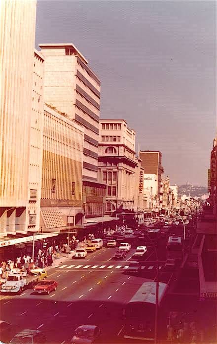 West Street, Durban in the late 1970s, busy with traffic and pedestrians